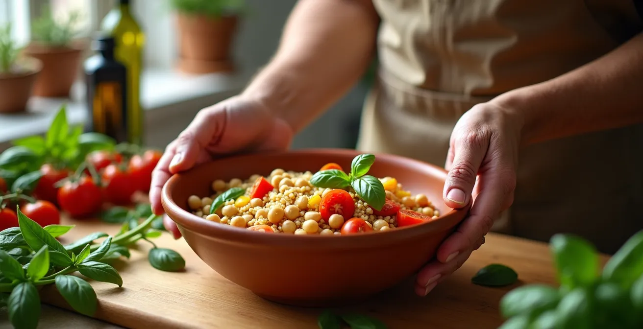Piatti della dieta mediterranea moderna con cereali integrali e legumi
