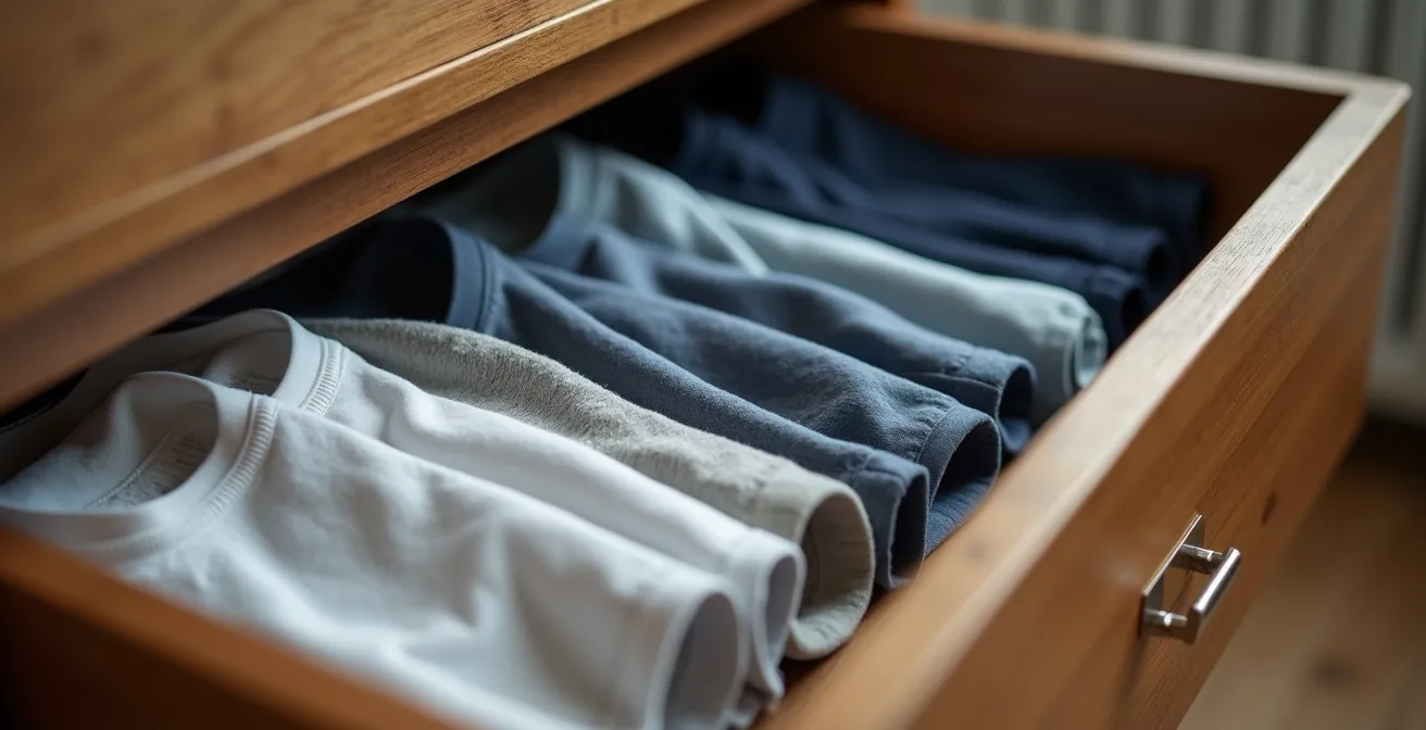 Cassetto organizzato con vestiti piegati verticalmente secondo il metodo KonMari