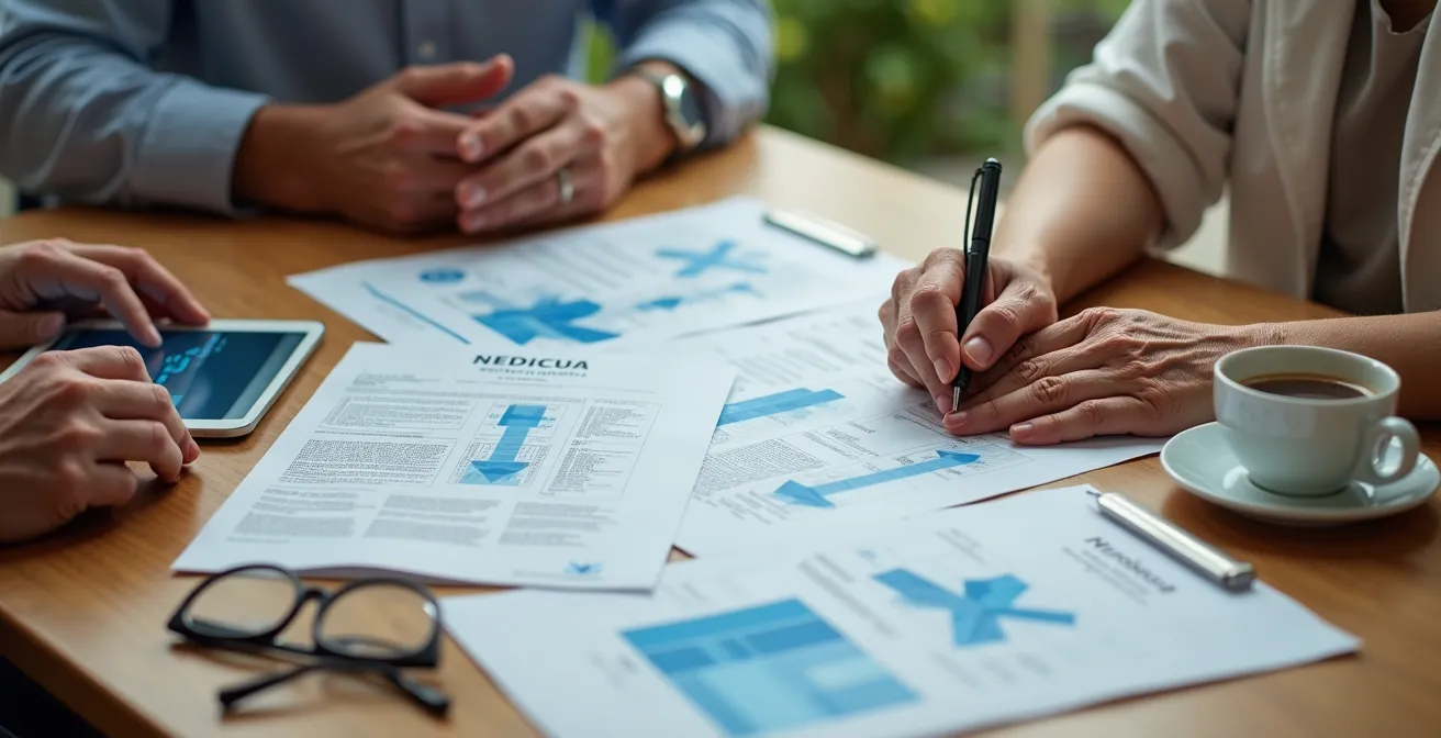 Mani di caregiver che organizzano documenti medici su tavolo per preparare una televisita