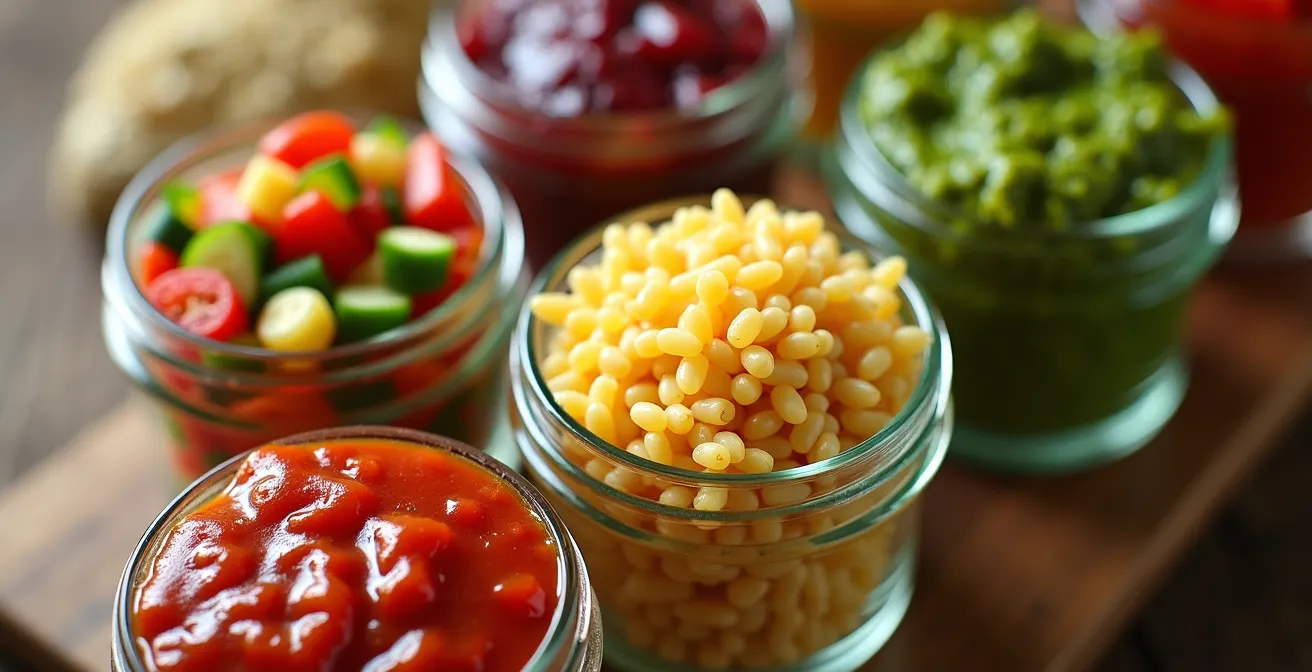 Ingredienti base preparati e conservati in contenitori di vetro