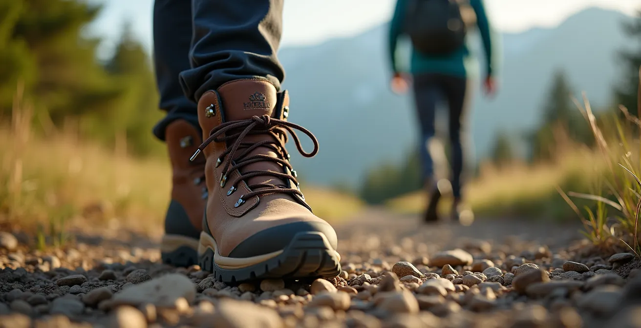 Scarpe da trekking consumate appoggiate su sentiero di montagna italiano