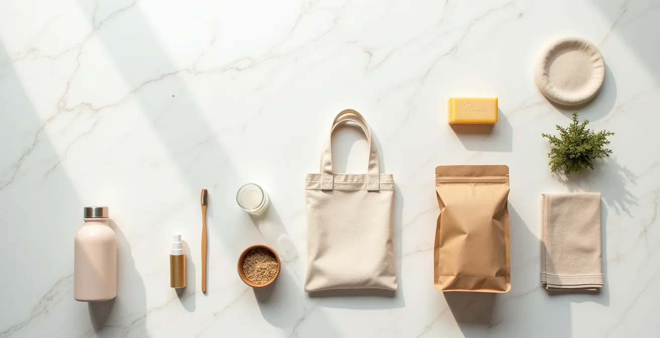 Composizione fotografica di oggetti riutilizzabili disposti in progressione dal semplice al complesso