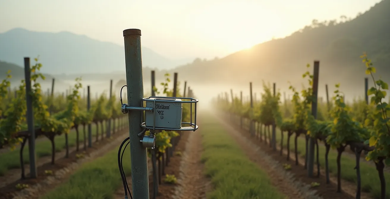 Vista dettagliata di un sensore protetto tra i filari di vite con sistema di allevamento Guyot in un vigneto italiano