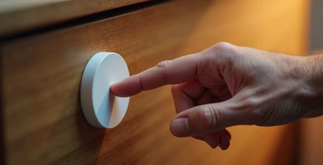 Dettaglio macro di mano anziana che preme delicatamente un pulsante smart sul comodino