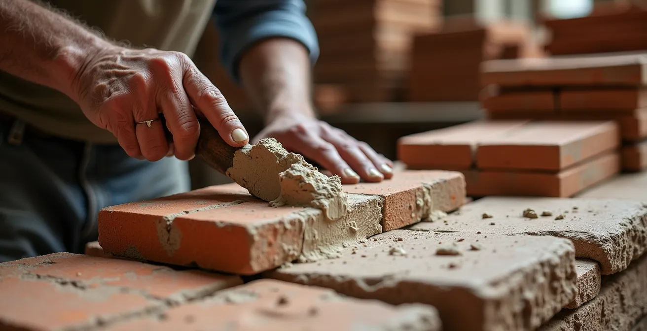 Dettaglio ravvicinato di materiali da costruzione tradizionali italiani con mani artigiane al lavoro