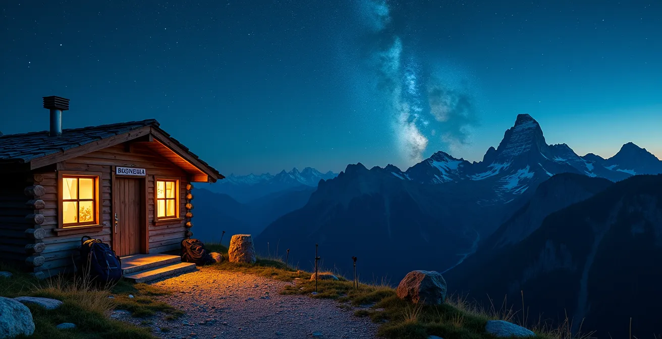 Rifugio di montagna illuminato solo da stelle con Via Lattea sopra le Alpi italiane