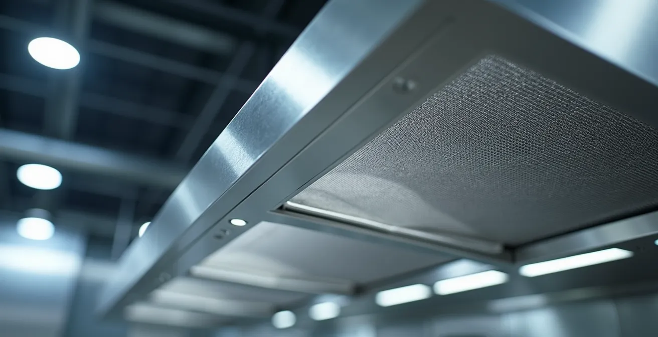 Sistema di filtrazione professionale con cappa aspirante in acciaio inossidabile installato in una cucina industriale