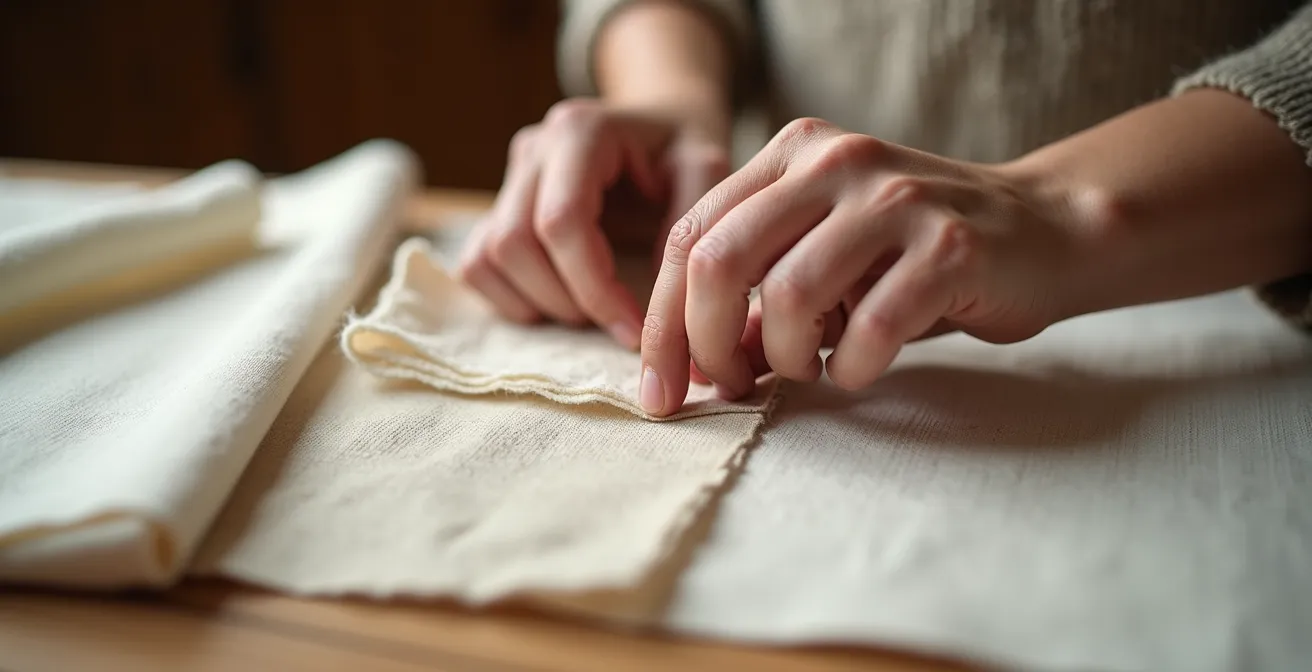 Mani che toccano e analizzano diversi tessuti naturali di alta qualità