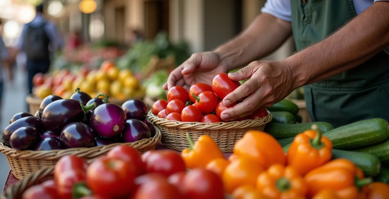 Verdure colorate di stagione disposte su banco del mercato italiano