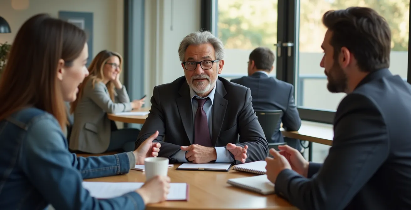 Professionisti senior in sessione di mentoring con giovani freelance in coworking