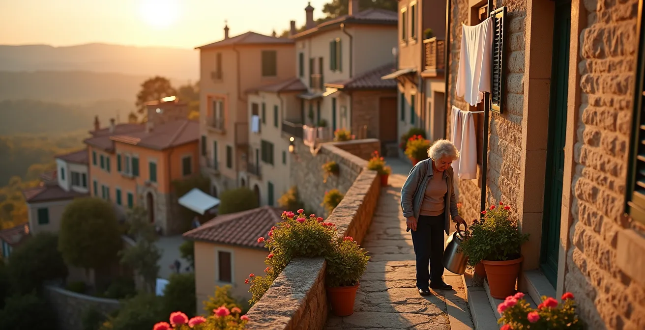 Vista panoramica di un borgo italiano con case tradizionali che compongono un albergo diffuso