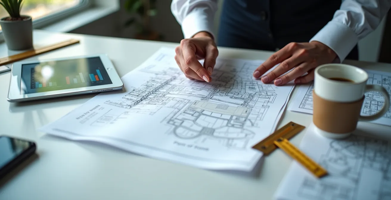 Tavolo di lavoro con documenti catastali e mappe urbanistiche per valutazione immobiliare