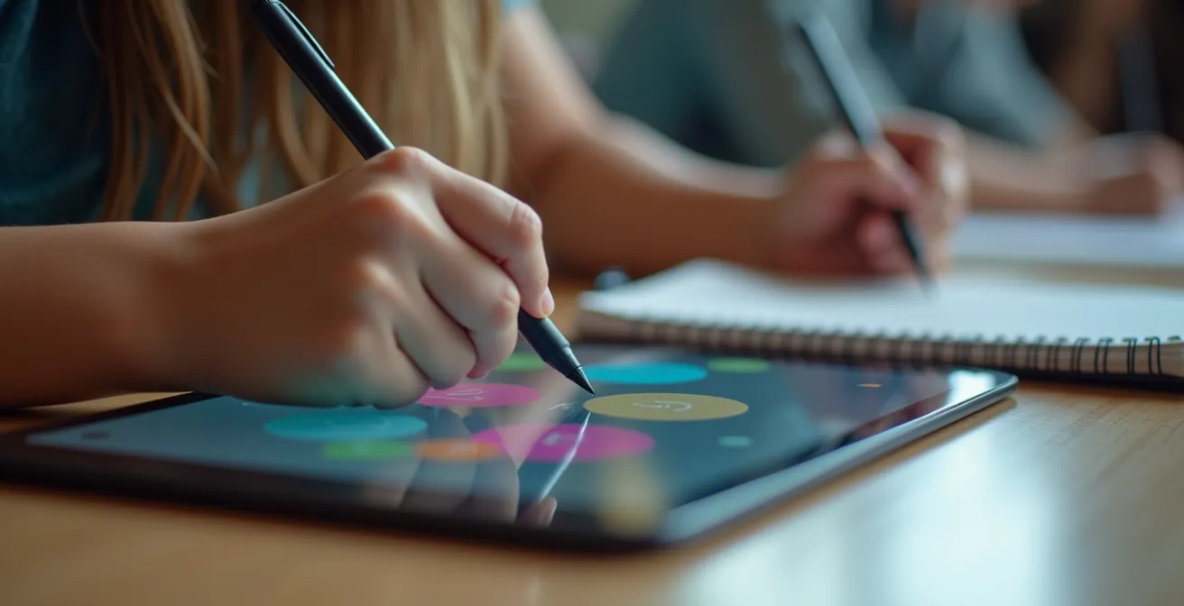 Primo piano emotivo di studentessa con DSA che usa strumenti compensativi digitali con serenità