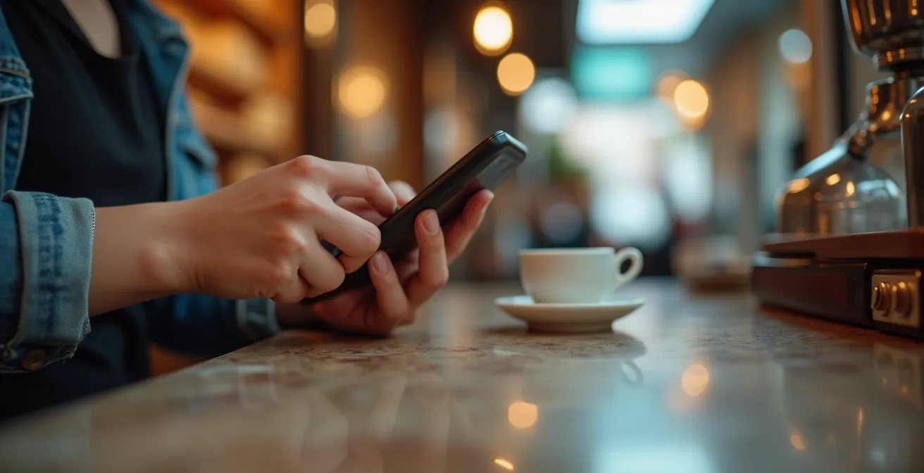 Mano di giovane che utilizza app di pagamento mobile in un bar italiano