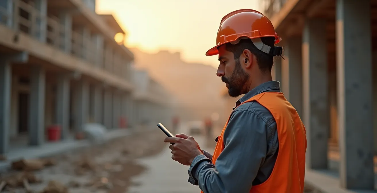 Artigiano italiano che accede ai documenti di lavoro tramite smartphone in cantiere con attrezzature professionali sullo sfondo
