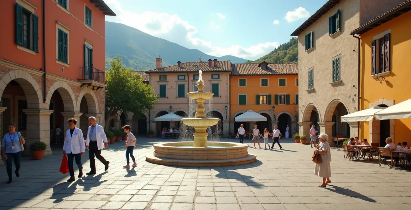 Piazza di un piccolo borgo italiano con farmacia, ambulatorio e scuola visibili intorno alla piazza centrale