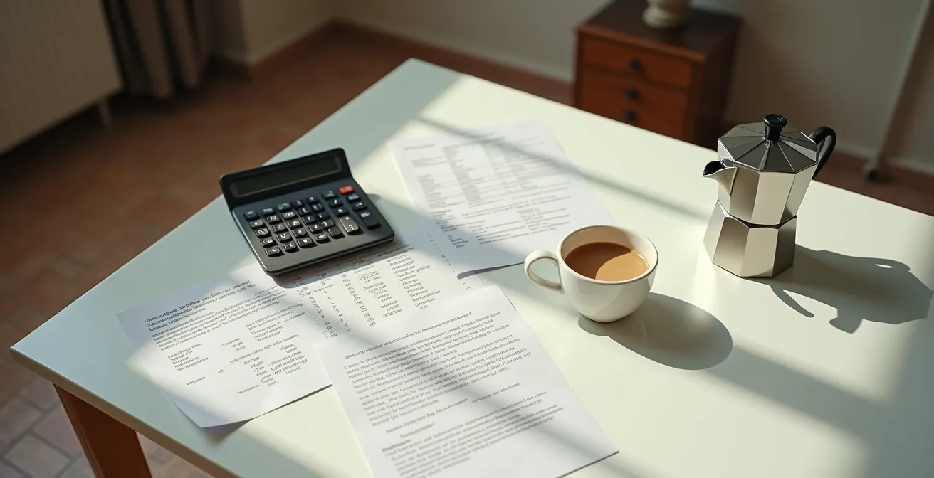 Tavolo con calcolatrice, bollette e contratto affitto in ambiente domestico italiano