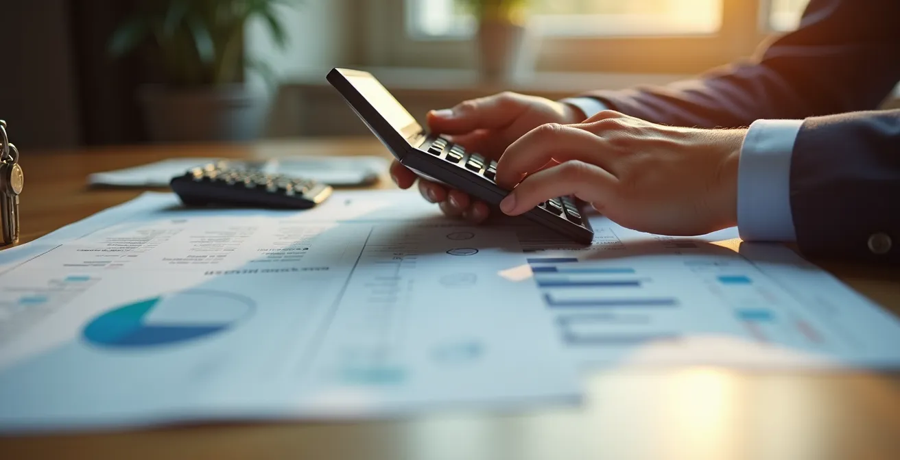 Mani che calcolano su calcolatrice con documenti finanziari e chiavi di appartamento sul tavolo