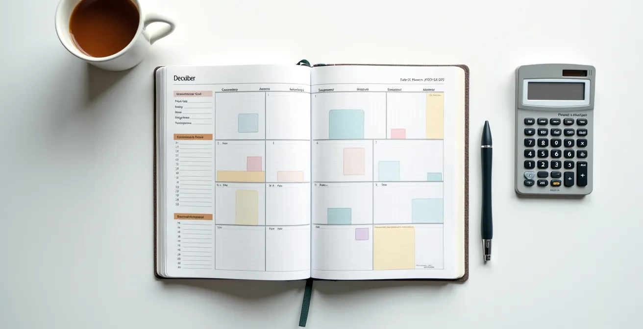 Vista dall'alto di un calendario con evidenziazioni e pianificazione welfare