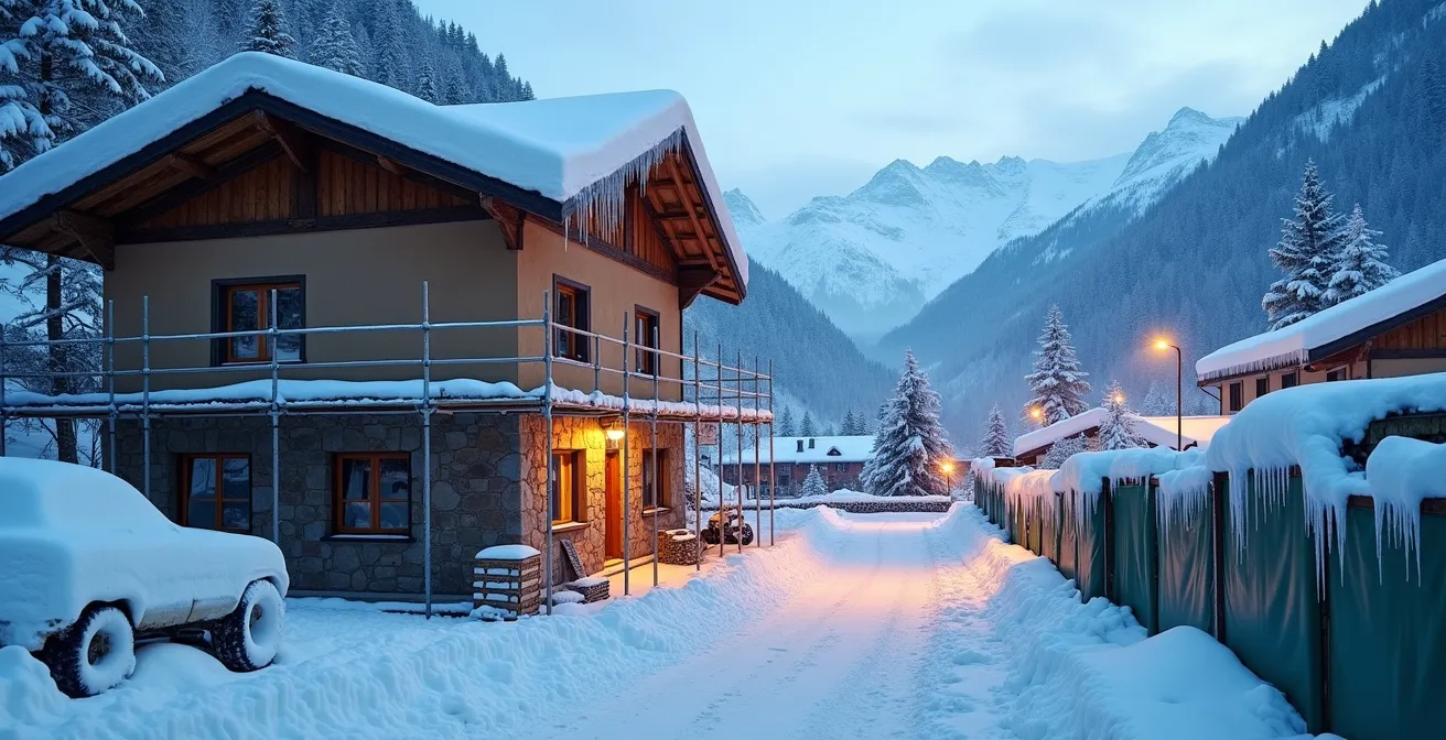 Cantiere edile coperto di neve in un borgo montano italiano durante l'inverno