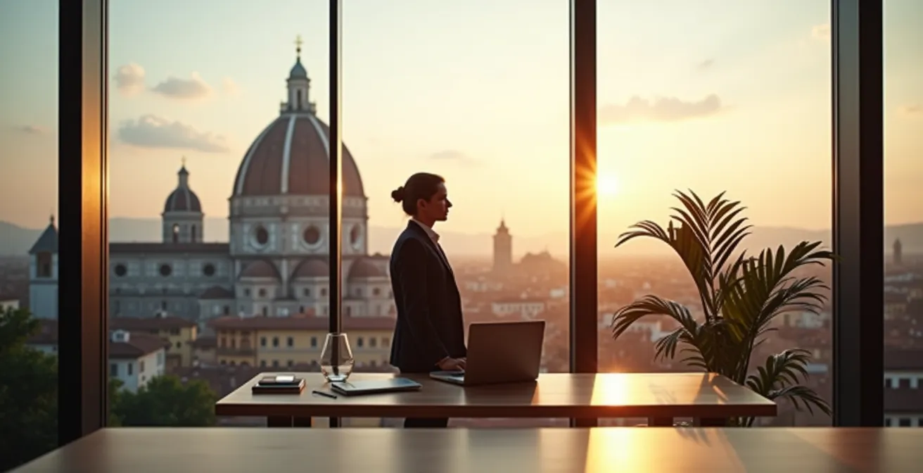Ufficio moderno italiano con vista su monumenti storici restaurati