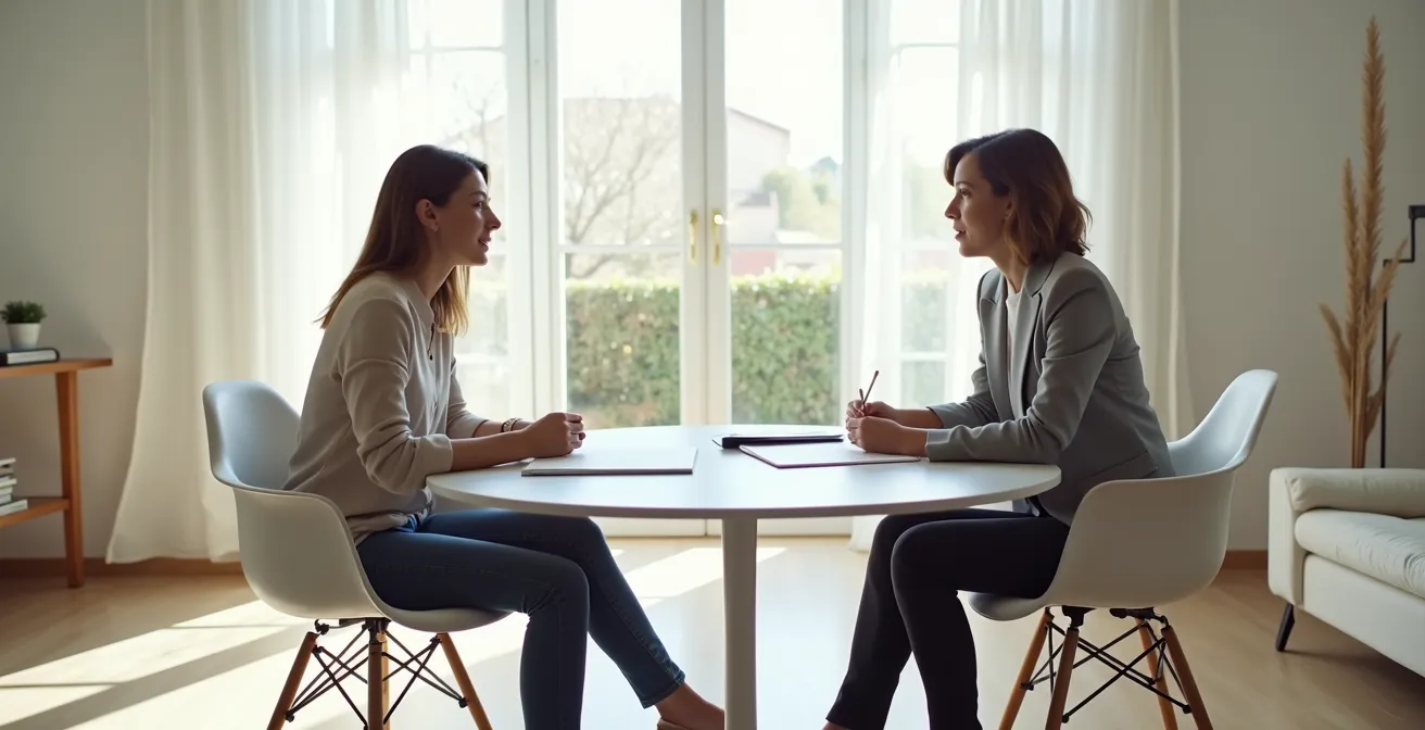 Colloquio tra madre e potenziale babysitter in salotto italiano luminoso