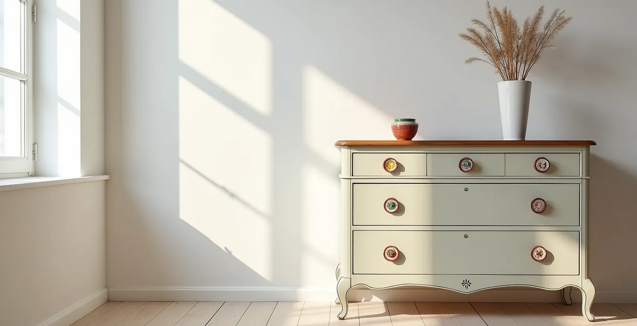 Comò vintage con pomelli in ceramica di Vietri colorata in ambiente minimalista italiano