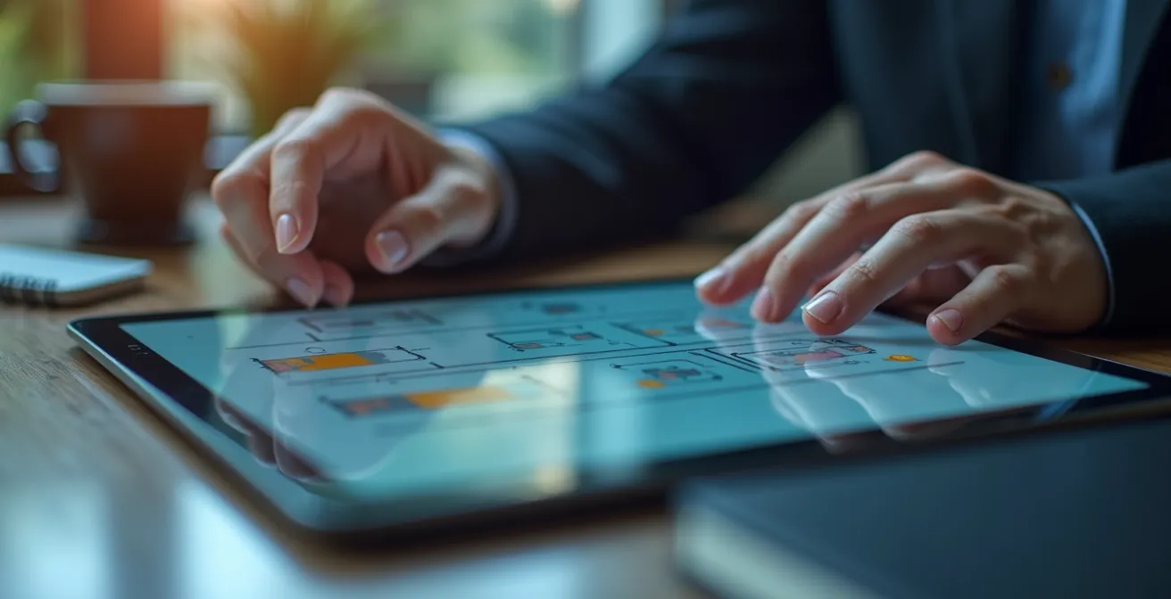 Mani che configurano un chatbot WhatsApp Business su tablet in un ufficio italiano