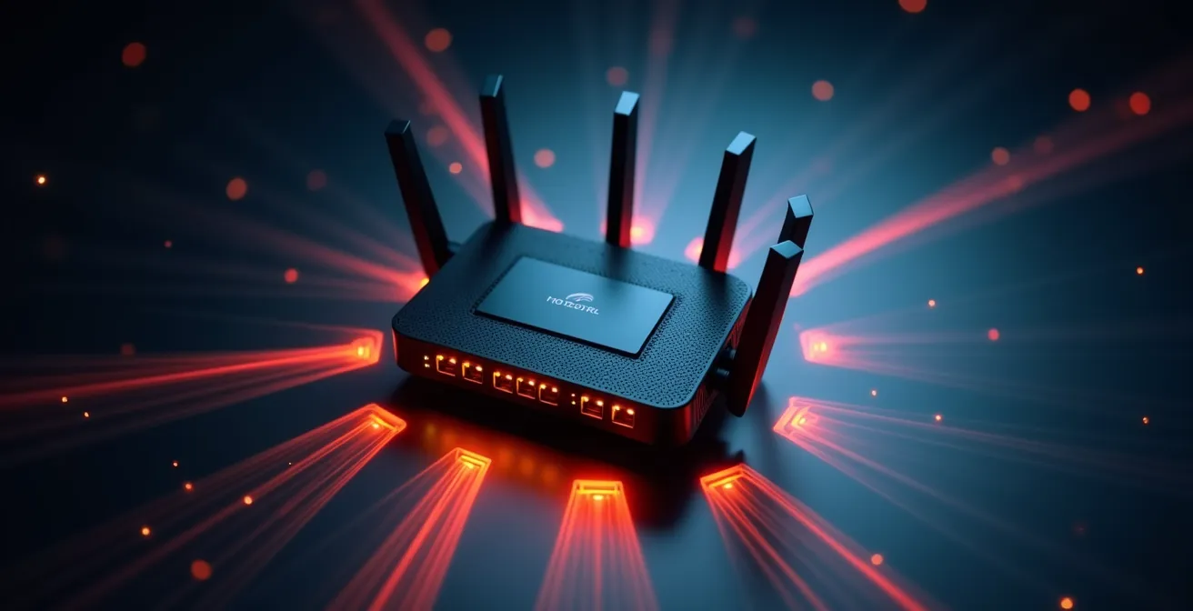 Vista dall'alto di un router domestico con configurazione di sicurezza