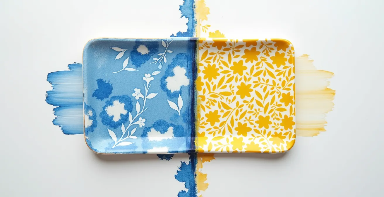 Confronto visivo tra pennellate irregolari di ceramica artigianale e stampa uniforme industriale