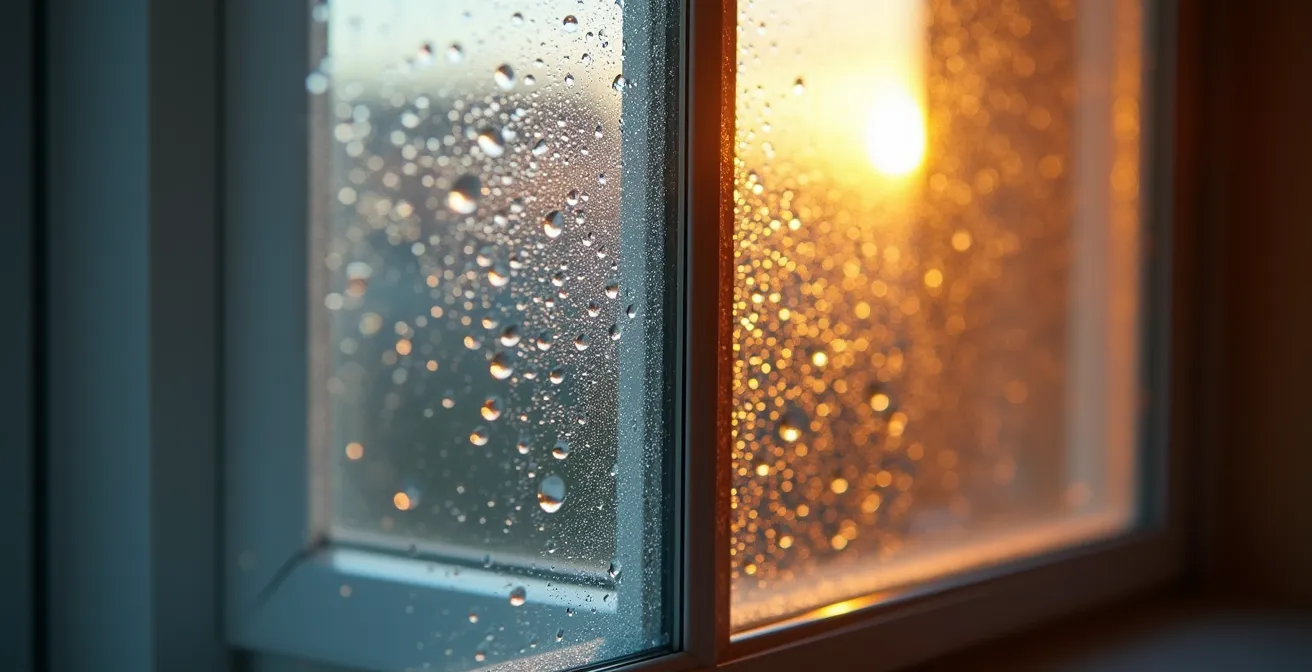 Confronto termografico tra doppio e triplo vetro con punto di rugiada visibile