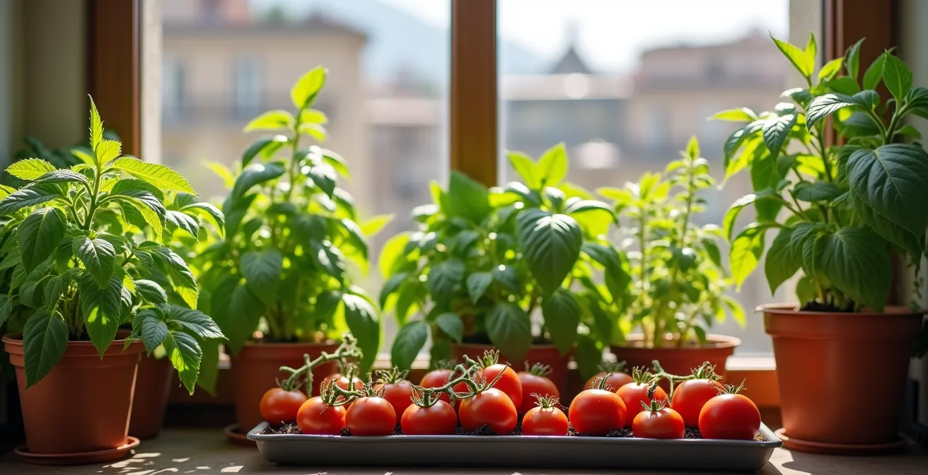 Vista ampia di un balcone con consociazione di piante native italiane che creano un ecosistema equilibrato