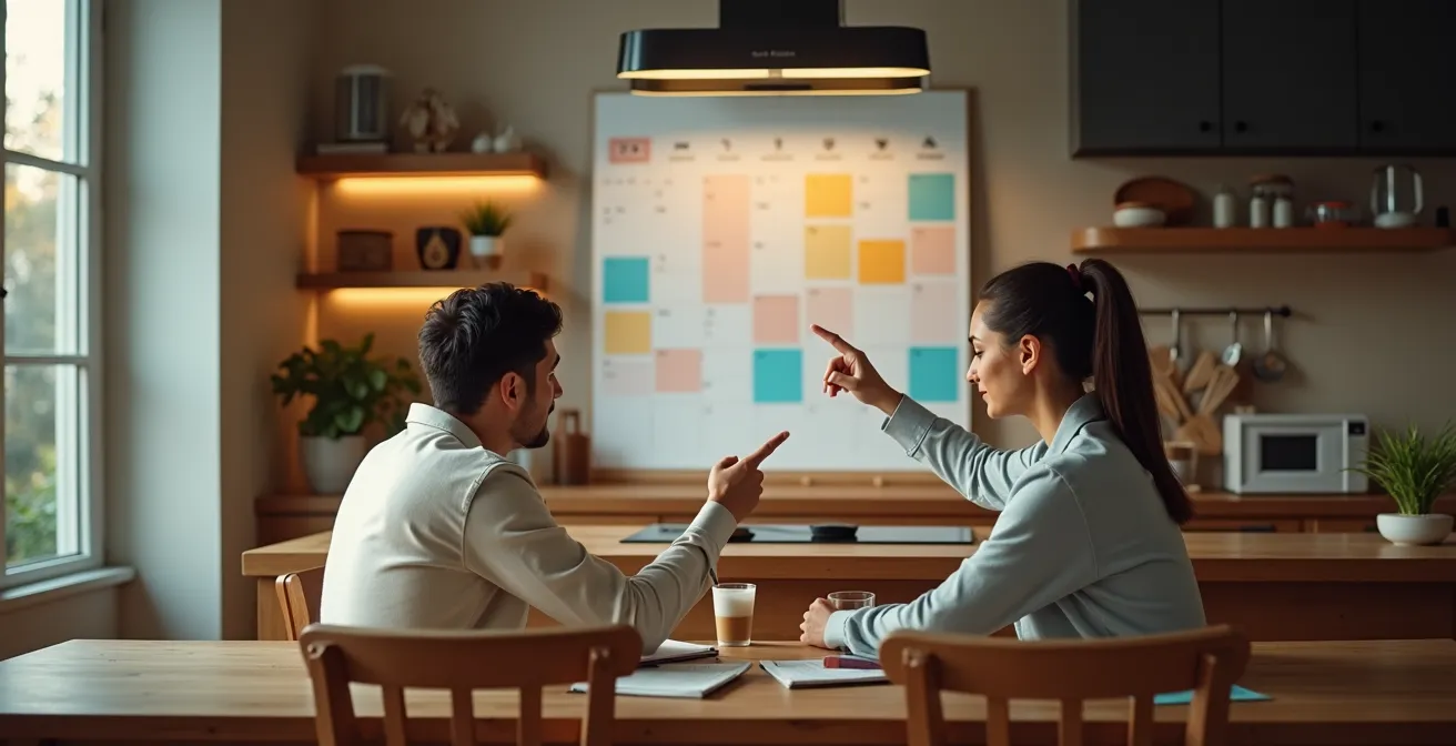 Coppia che organizza insieme la gestione familiare con calendario condiviso