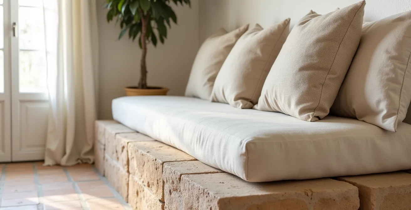 Divano in muratura con base in pietra leccese e cuscini bianchi in una casa pugliese