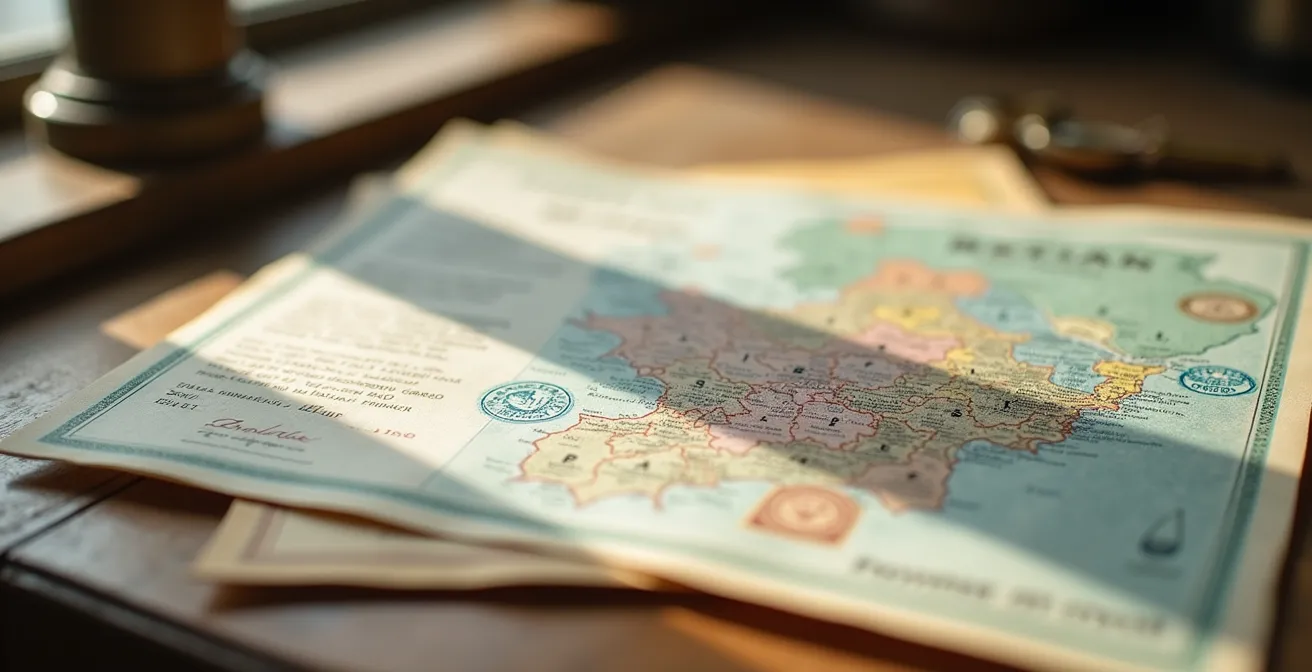 Scrivania con documenti ufficiali e mappe regionali italiane per bandi di ripopolamento