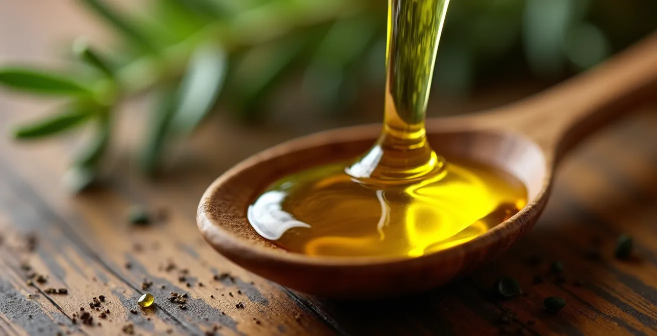 Misurazione tradizionale dell'olio extravergine d'oliva per condimento