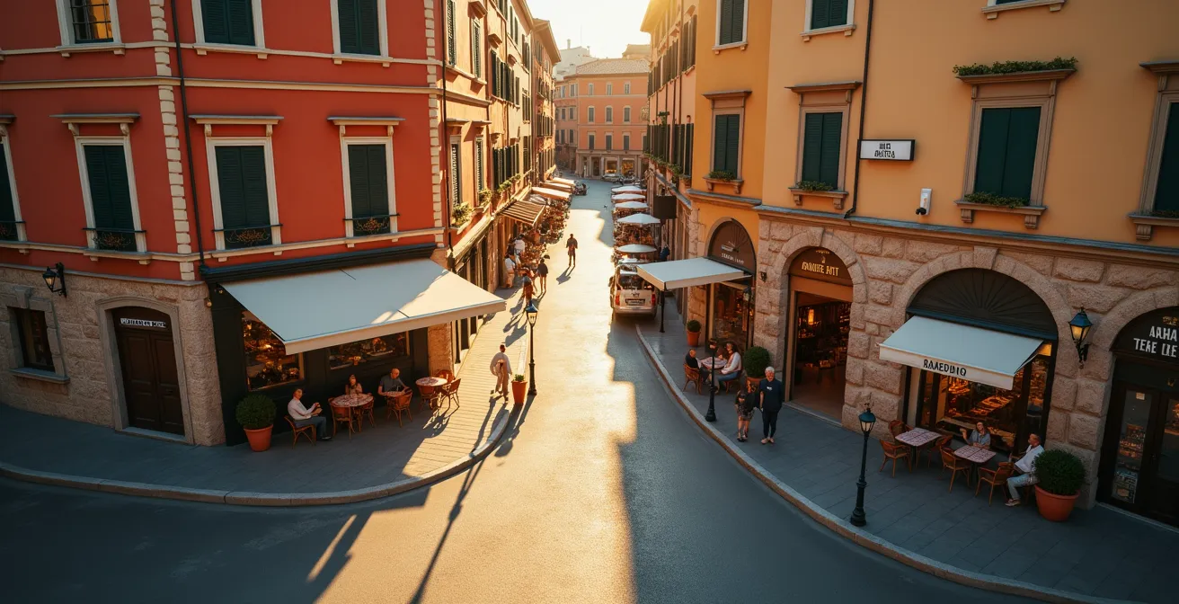 Vista aerea di un quartiere commerciale italiano con diverse tipologie di negozi in armonia