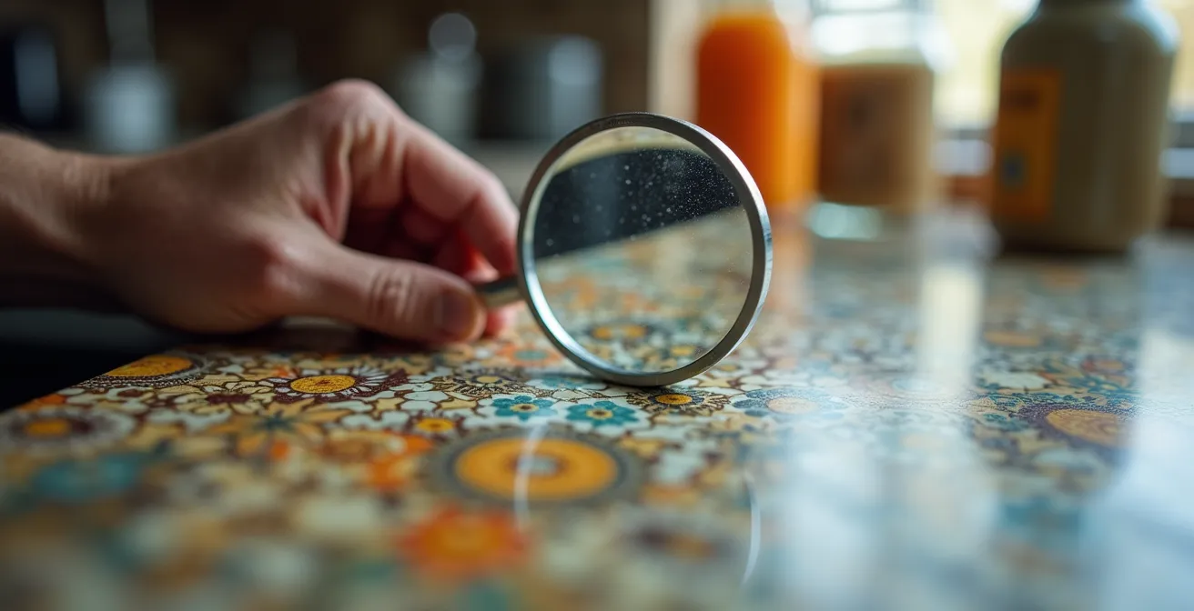 Mano che esamina un'etichetta alimentare con lente d'ingrandimento in primo piano