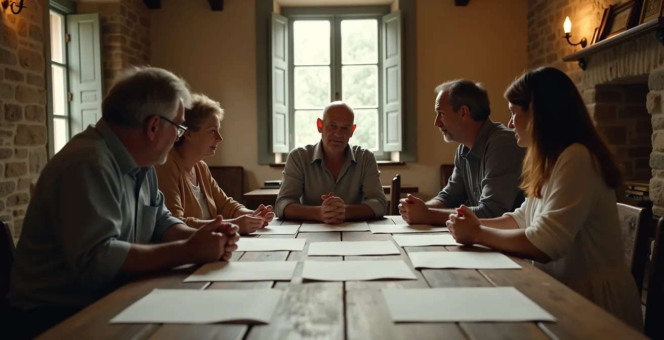 Famiglia multigenerazionale italiana riunita attorno a un tavolo che discute di eredità