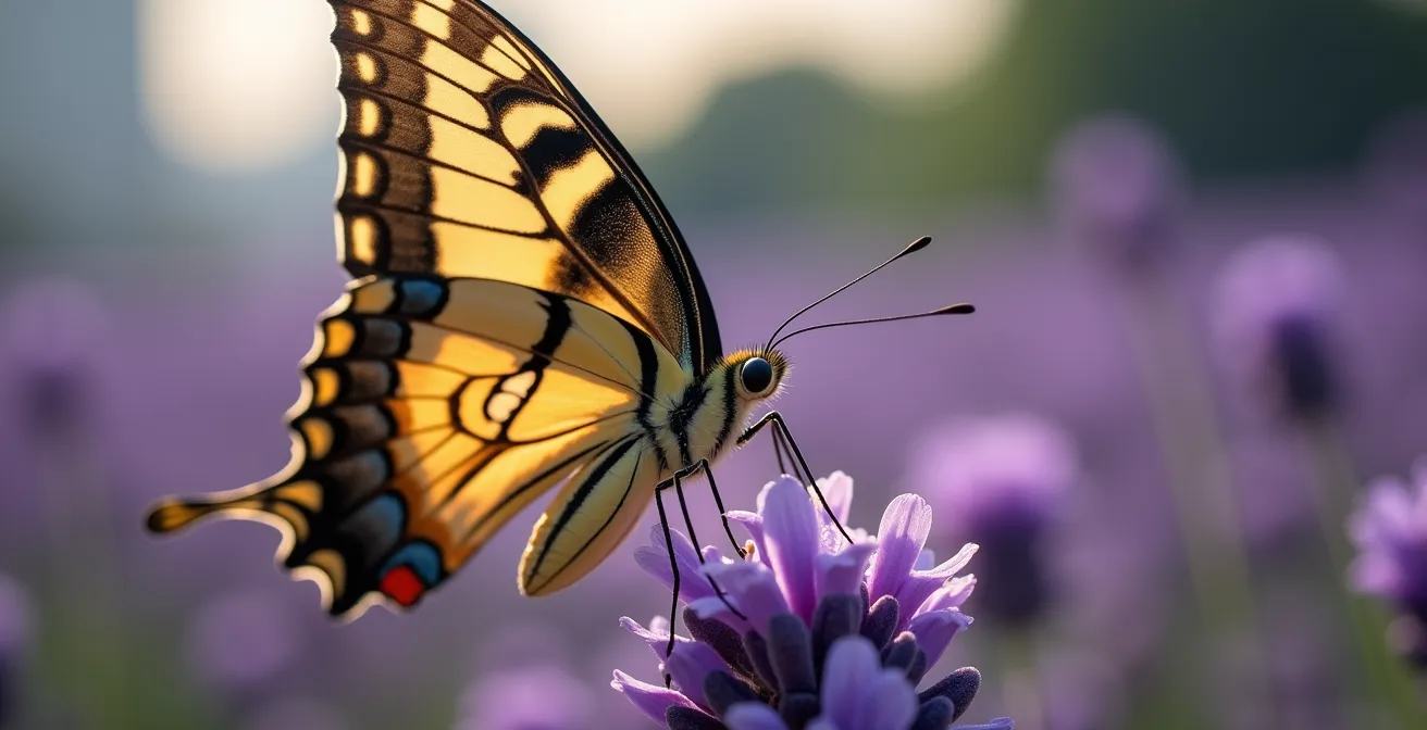 Farfalla Macaone su fiore di lavanda con sfondo urbano sfocato che suggerisce inquinamento atmosferico