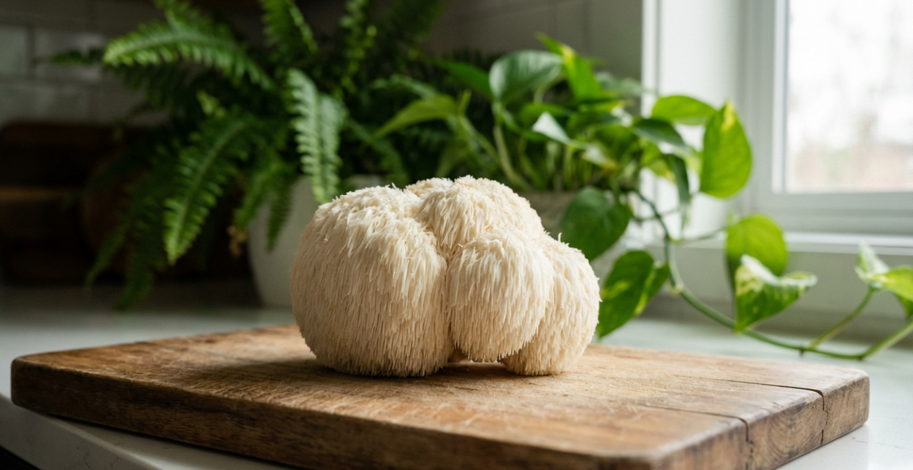 Fungo Lion's Mane fresco su tagliere in cucina luminosa, benefici cognitivi naturali