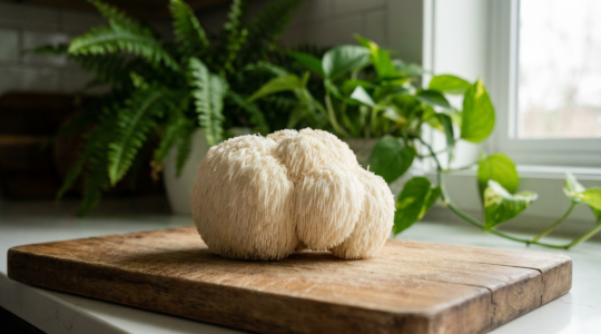 Fungo Lion's Mane fresco su tagliere in cucina luminosa, benefici cognitivi naturali