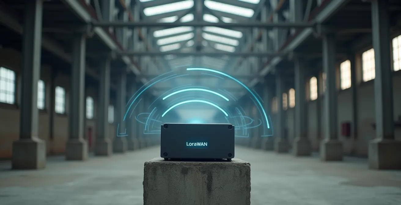 Gateway LoRaWAN industriale installato in un capannone italiano con struttura metallica e pareti in cemento armato