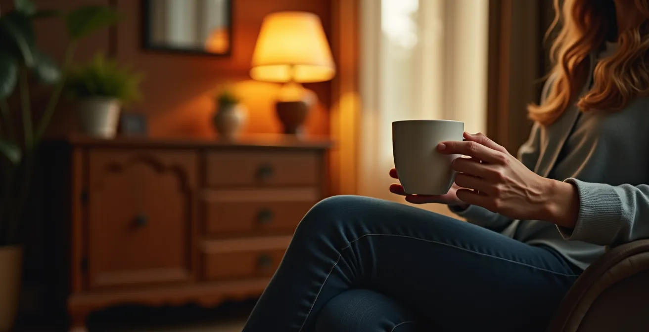 Soggiorno con luce calda 2700K che valorizza parquet antico e mobile moderno