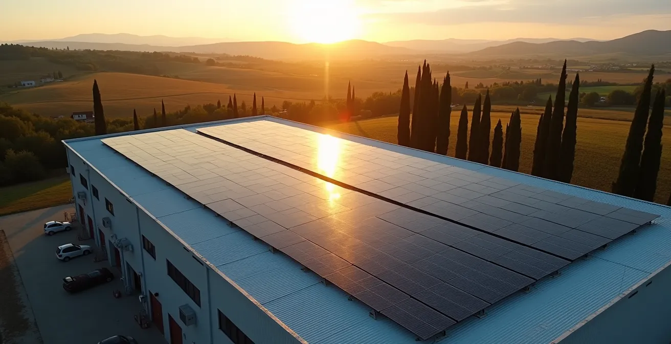 Vista aerea di pannelli solari su capannone industriale italiano con paesaggio rurale
