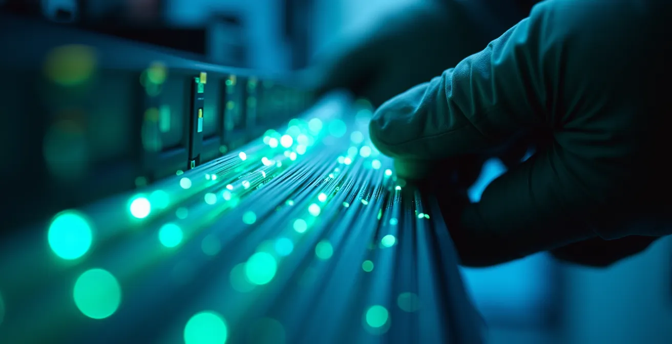 Tecnico specializzato installa cavi in fibra ottica in un moderno ufficio italiano