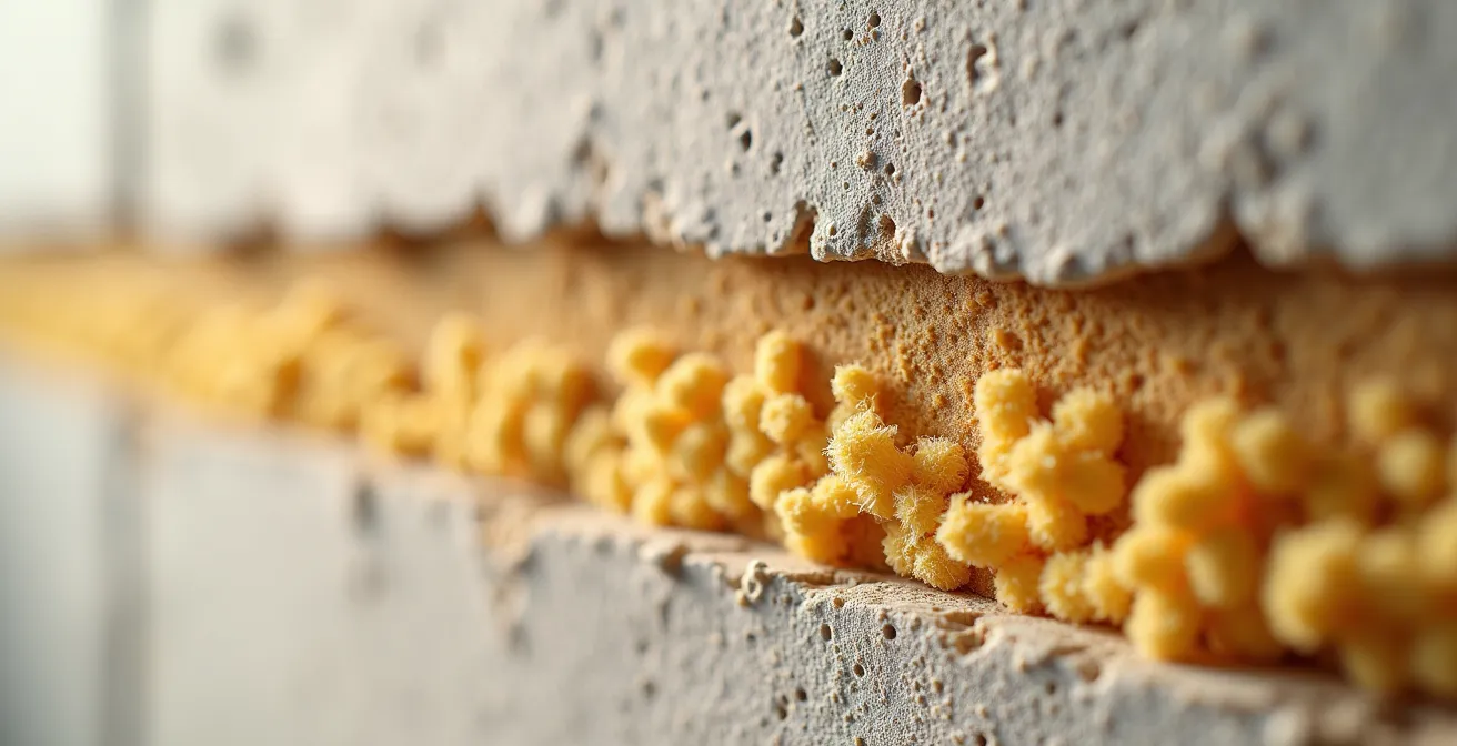 Sezione di parete con strati di isolamento acustico visibili in appartamento italiano