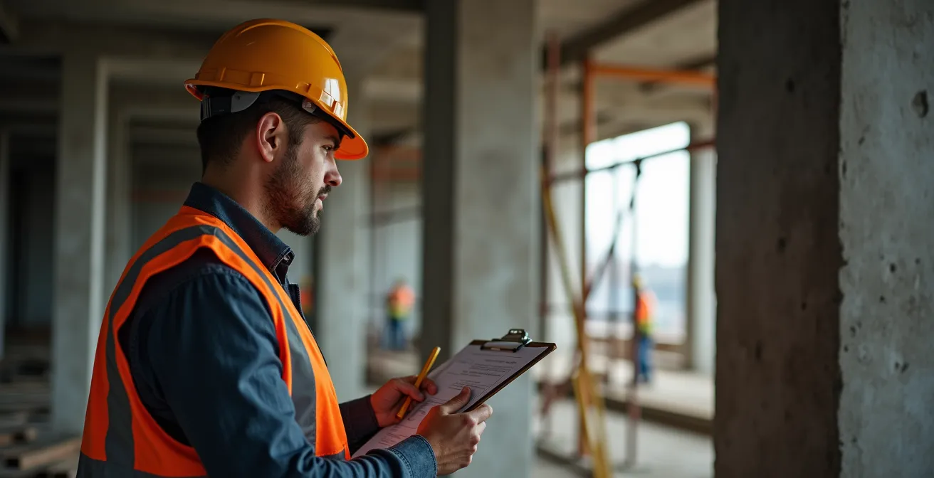 Tecnico che ispeziona struttura portante in cantiere residenziale durante fase critica