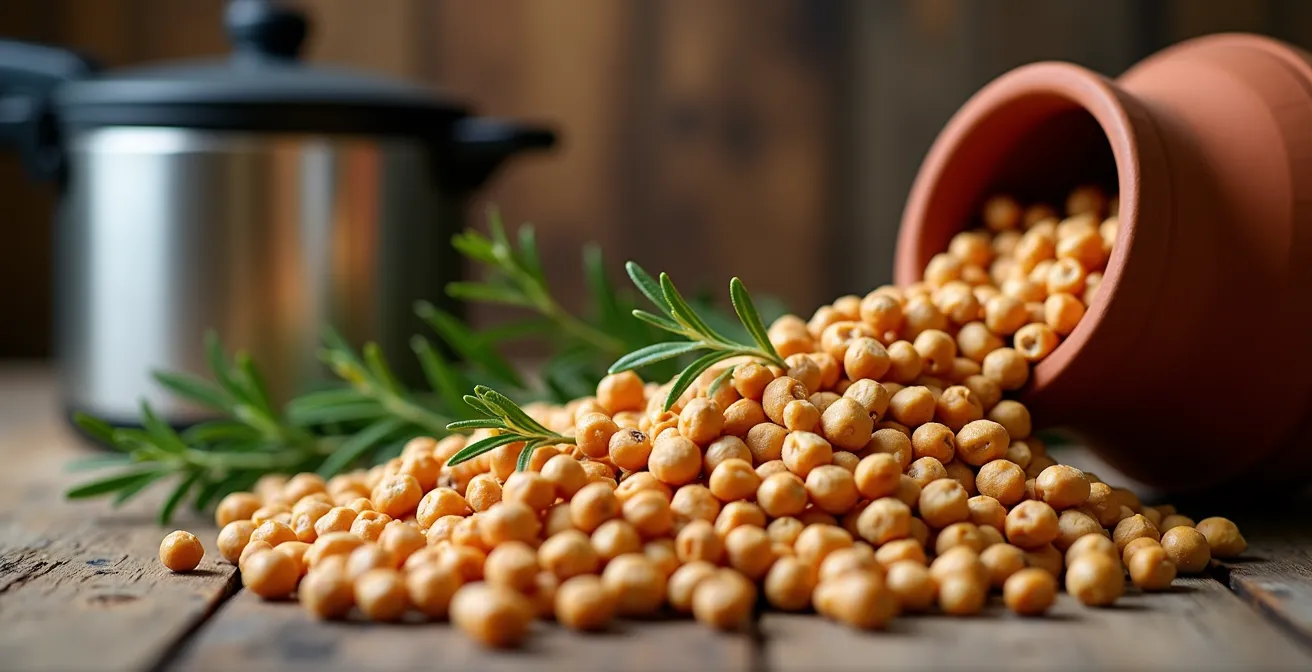 Pentola a pressione con legumi colorati e spezie mediterranee su tavolo rustico