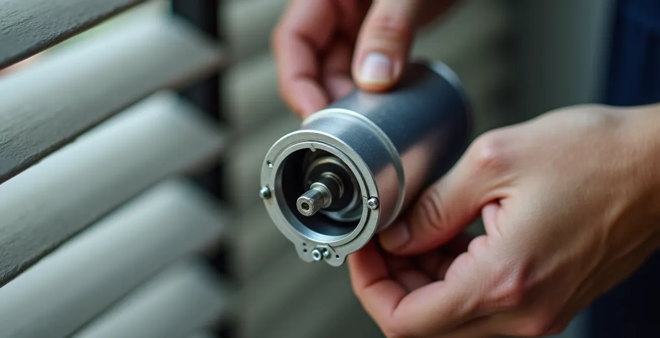 Dettaglio ravvicinato dell'installazione di un motore tubolare per tapparelle